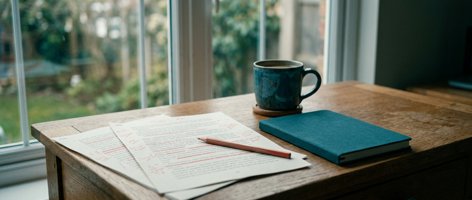 Pages imprimées annotées au crayon corail sur un bureau près d’une fenêtre, à côté d’un carnet et d’une tasse