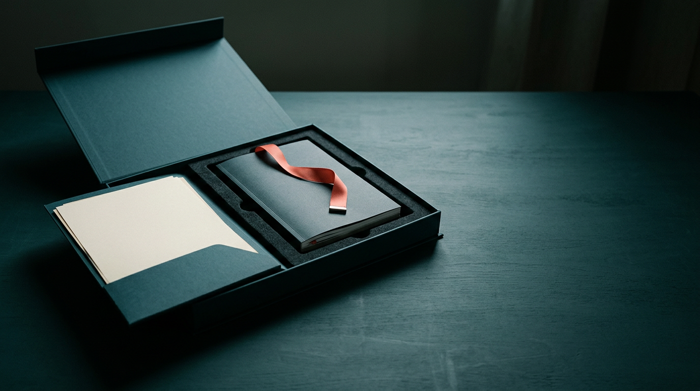 Coffret bleu pétrole ouvert contenant une chemise de documents et un rapport relié avec un signet corail