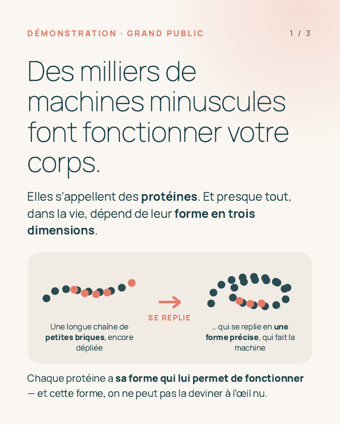 Slide 1 du carrousel : des milliers de machines minuscules font fonctionner votre corps — une chaîne de petites briques qui se replie en une forme précise