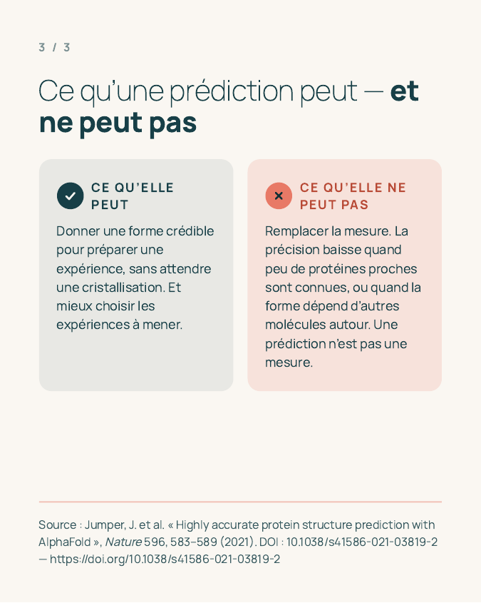 Slide 3 du carrousel : ce que la prédiction permet, et ses limites — elle doit être confrontée à des données expérimentales